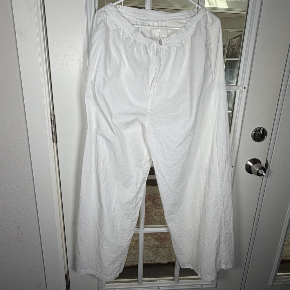 White Cotton Blend Wide Leg Button Zip Casual Boho Cottagecore